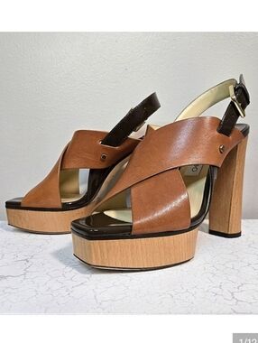 Jimmy Choo Aix 125 Wood/Leather High Heel Block Platform Sandals, Size 38.5~NWOT